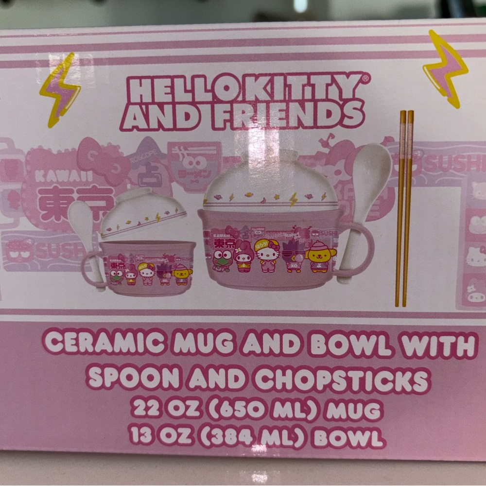CERAMIC MUG AND BOWL WITH SPOON AND CHOPSTICKS